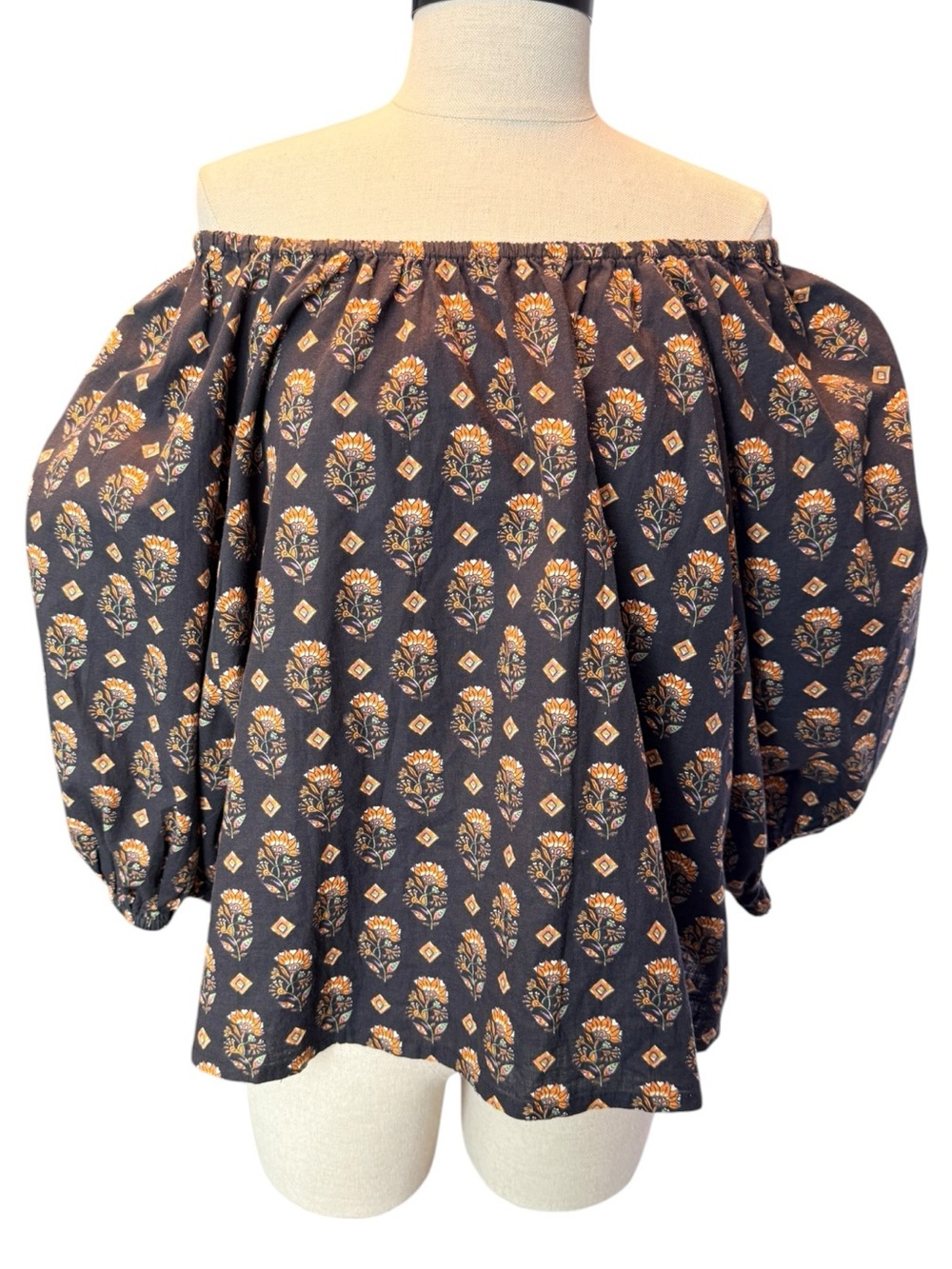 MNG Boho Off Shoulder Peasant Top Floral Puff Sleeve Cottagecore Blouse Med - Picture 2 of 8